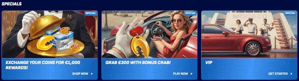Wonaco special rewards, bonus crab offers, and VIP program overview